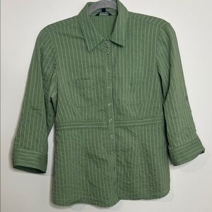 Green Striped Button-Up Shirt with fold up sleeve and snap buttons